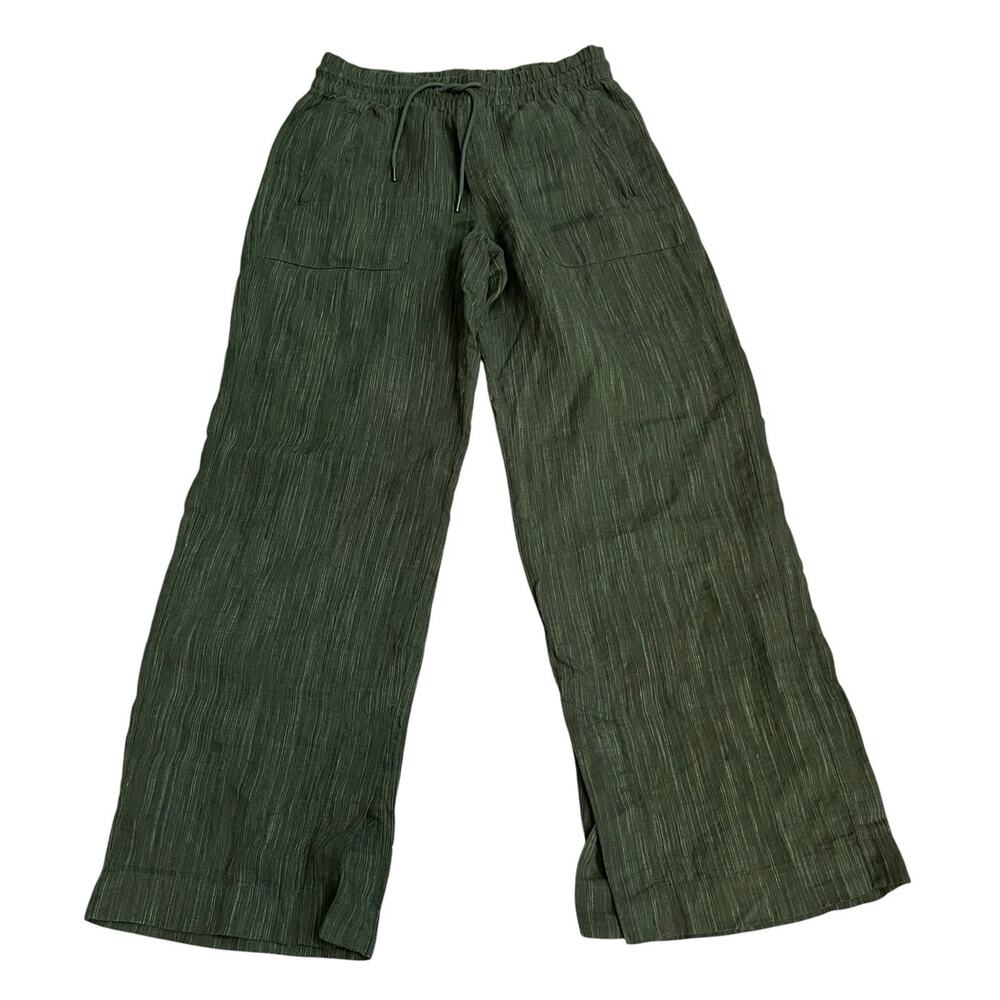 Athleta Retreat Linen Wide Leg Pants XS Green White Stripe Split Hem Boho Beach
